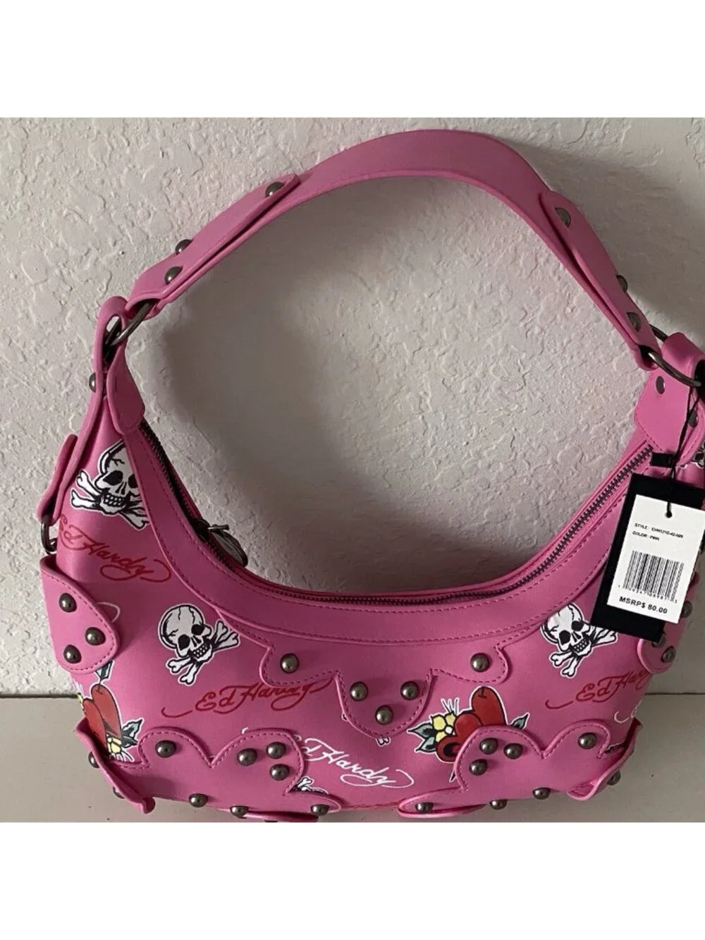 Ed Hardy Pink Hobo Shoulder Bag Studded Heart Rose Skull Cross Charms NEW‎
